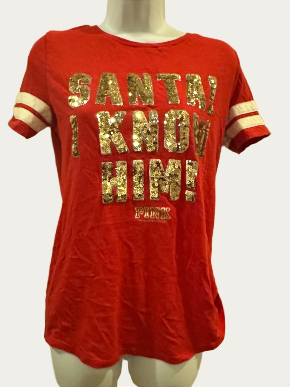VICTORIAS SECRET PINK RARE CHRISTMAS BLING SEQUIN "SANTA!I KNOW HIM"